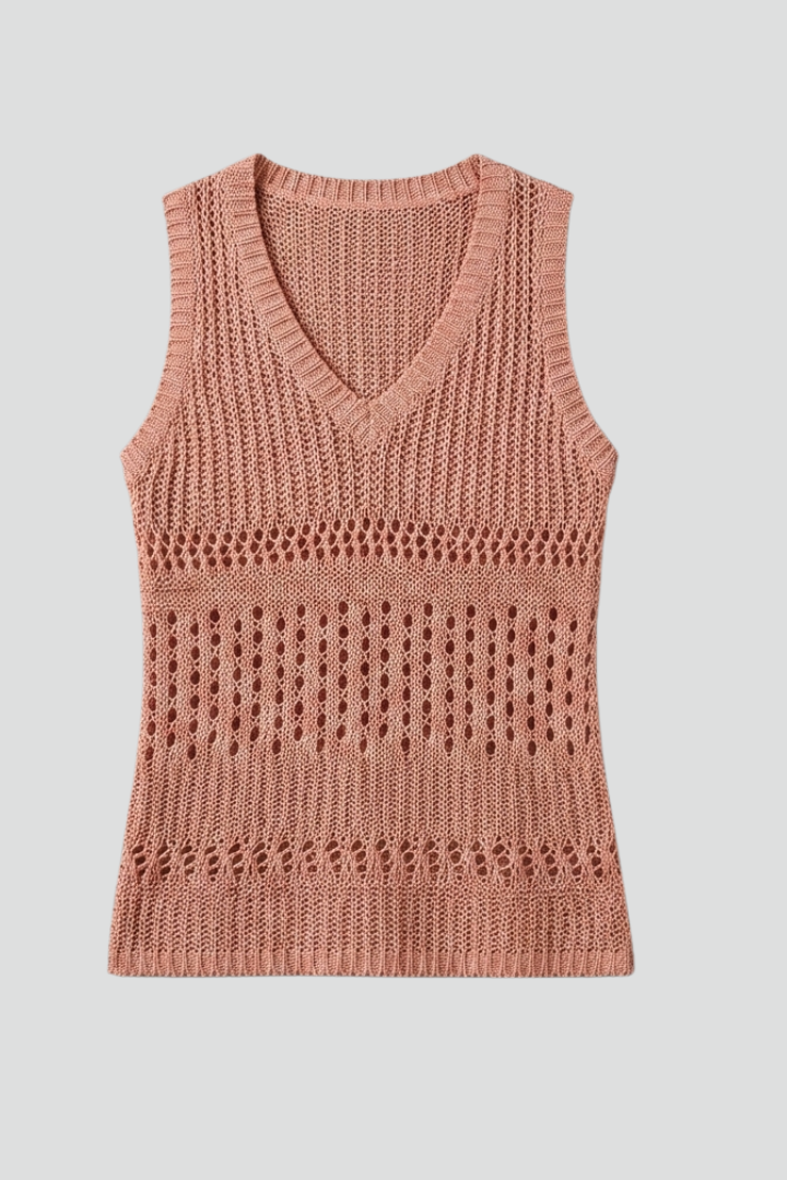 Women’s tank top with v-neckline and openwork knit pattern, designed for casual wear and summer outfits