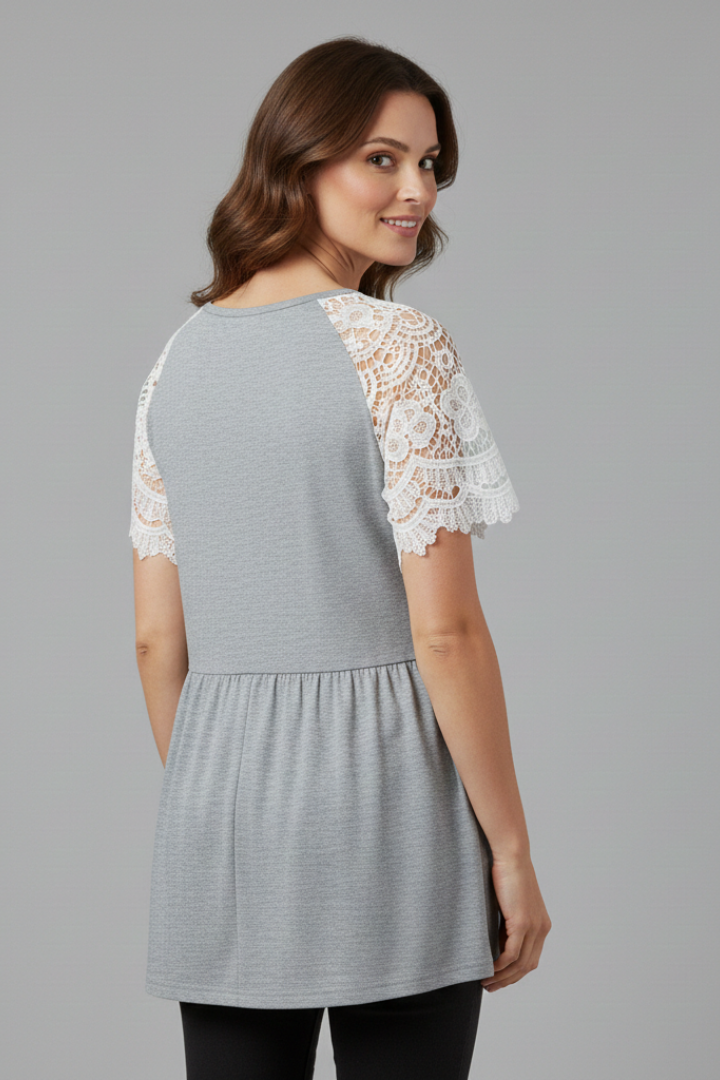 Women’s T-shirt with round neckline, lace sleeves, and peplum hem, suitable for everyday wear and casual outfits.