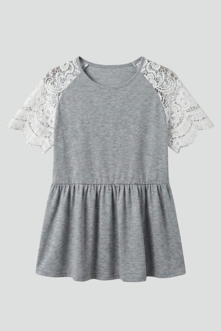 Women’s T-shirt with round neckline, lace sleeves, and peplum hem, suitable for everyday wear and casual outfits.