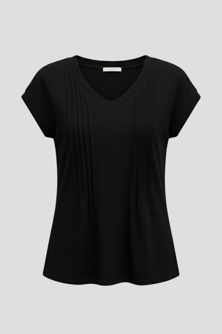 Women’s T-shirt with V-neckline and pleated front detailing, featuring a textured surface for everyday wear and casual outfits.
