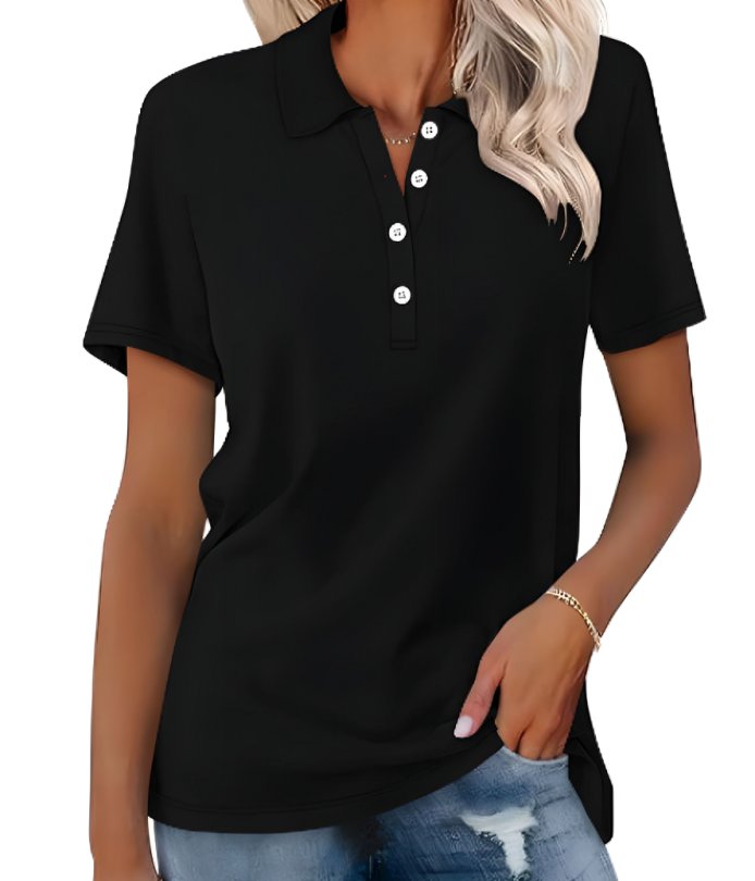 Women’s polo shirt with button placket, classic collar, and relaxed fit, suitable for casual outings, office casual outfits, and everyday wear.