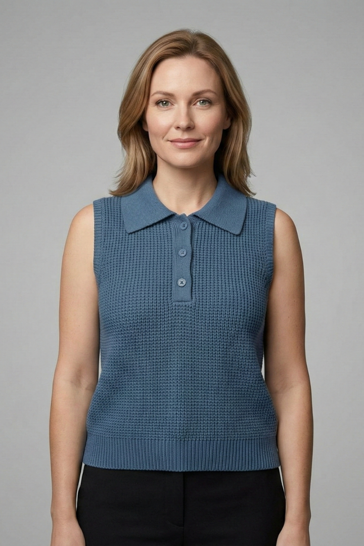 Women’s sleeveless polo top with button placket, wide shoulders, and textured finish, suitable for office wear and casual outfits.