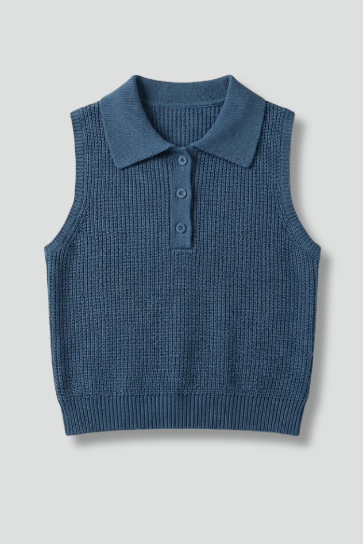Women’s sleeveless polo top with button placket, wide shoulders, and textured finish, suitable for office wear and casual outfits.