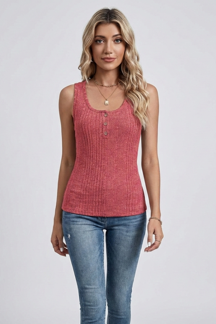 Women’s ribbed tank top with round neckline and front buttons, designed for casual wear and summer outfits