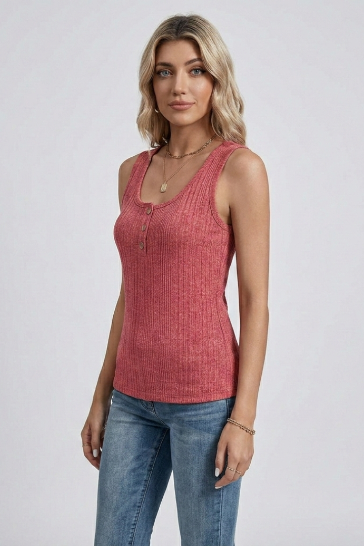 Women’s ribbed tank top with round neckline and front buttons, designed for casual wear and summer outfits