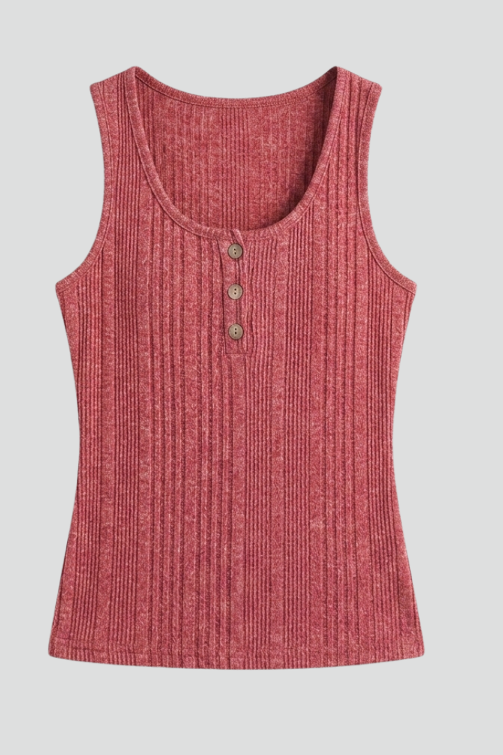 Women’s ribbed tank top with round neckline and front buttons, designed for casual wear and summer outfits