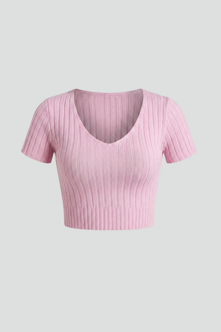 Women’s fitted ribbed crop top with short sleeves and round v-neckline, ideal for casual everyday wear and summer styling.