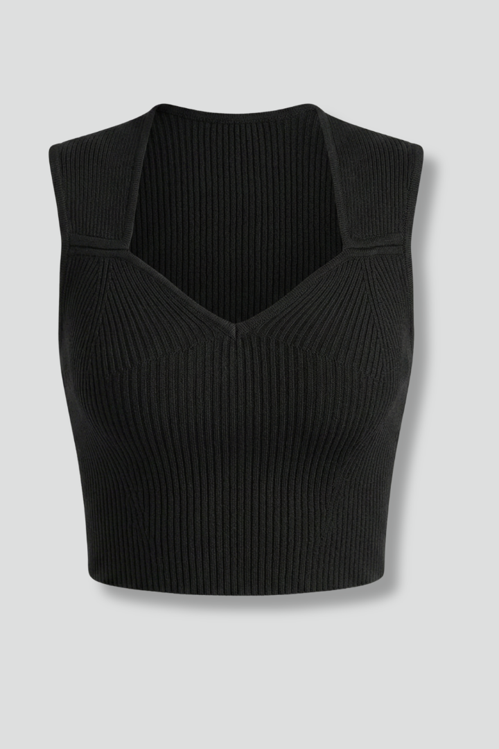 Women’s ribbed crop top with v-neck and sleeveless fit, ideal for casual summer outfits and everyday fashion styling.