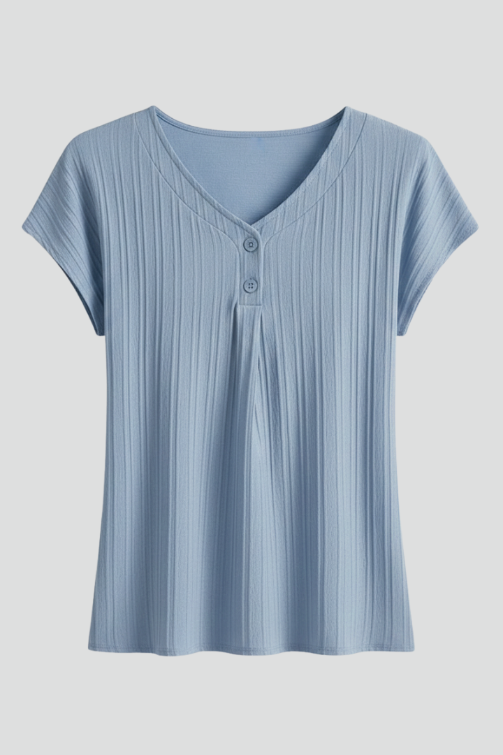 Women’s ribbed T-shirt with V-neckline and button placket, suitable for everyday wear and casual outfits.