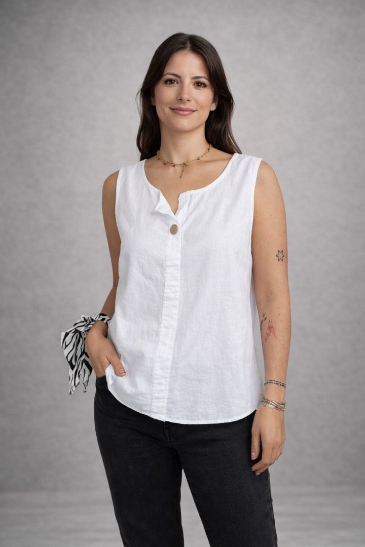 Women’s sleeveless blouse with round neckline and front button detail, suitable for casual wear and office outfits