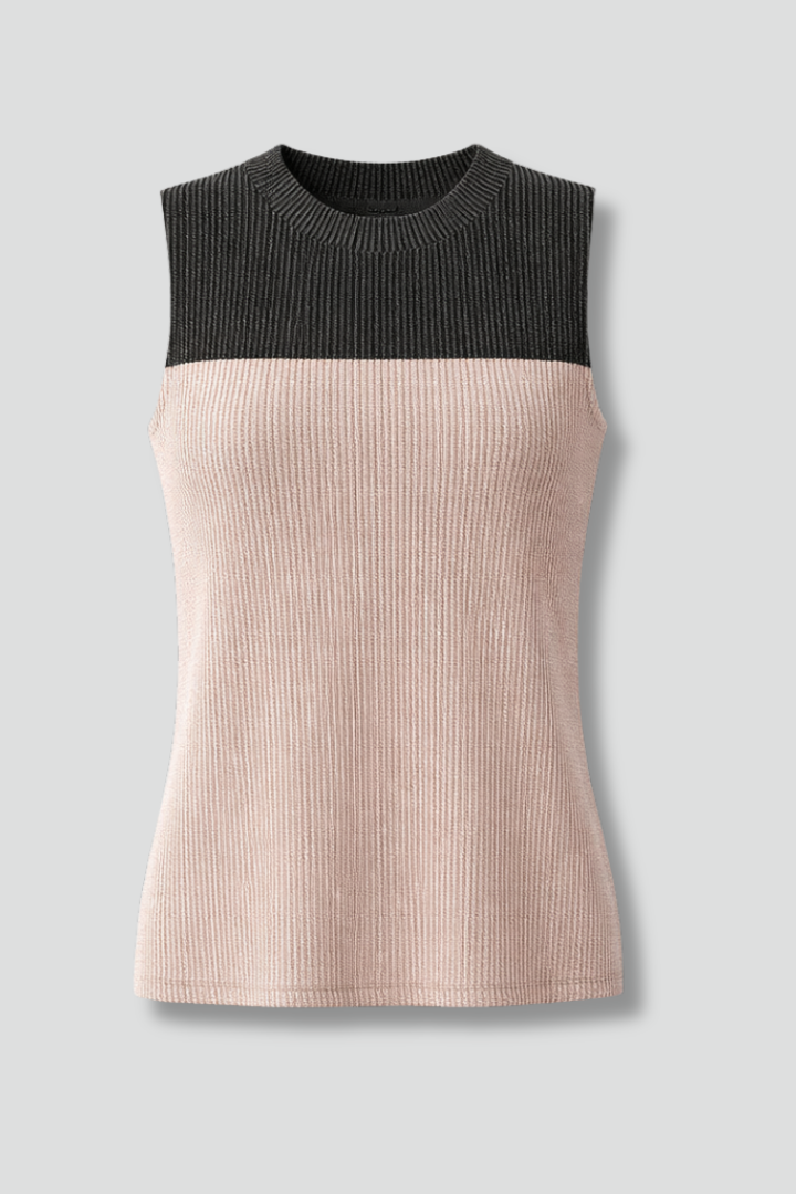 Women’s sleeveless top with round neckline and contrast panel, designed for casual wear and summer outfits