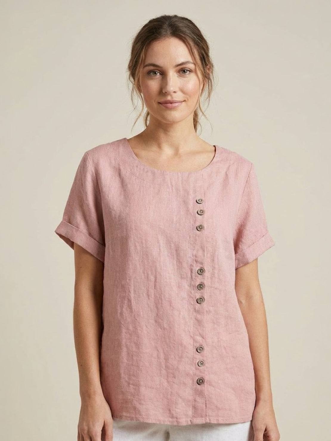 Women’s round neck blouse with button detailing and a relaxed fit, suitable for summer outfits, casual wear, and everyday styling.