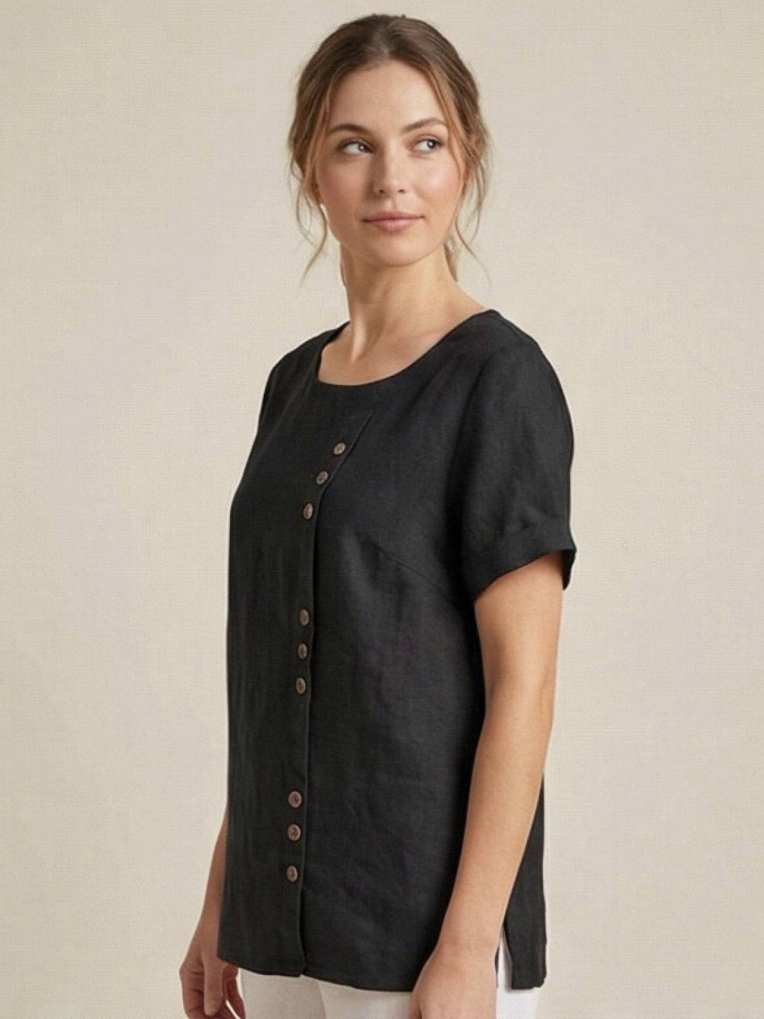 Women’s round neck blouse with button detailing and a relaxed fit, suitable for summer outfits, casual wear, and everyday styling.