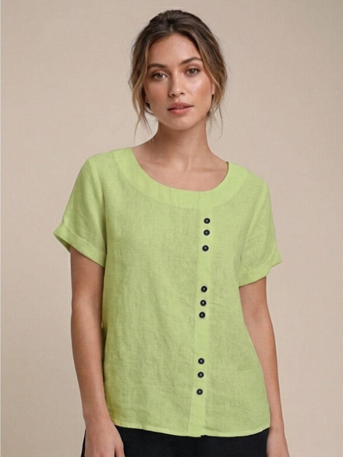 Women’s round neck blouse with button detailing and a relaxed fit, suitable for summer outfits, casual wear, and everyday styling.