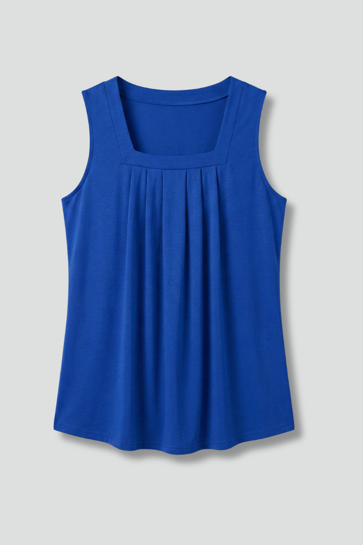 Women’s sleeveless top with round neckline and front pleats, designed for casual wear and summer outfits