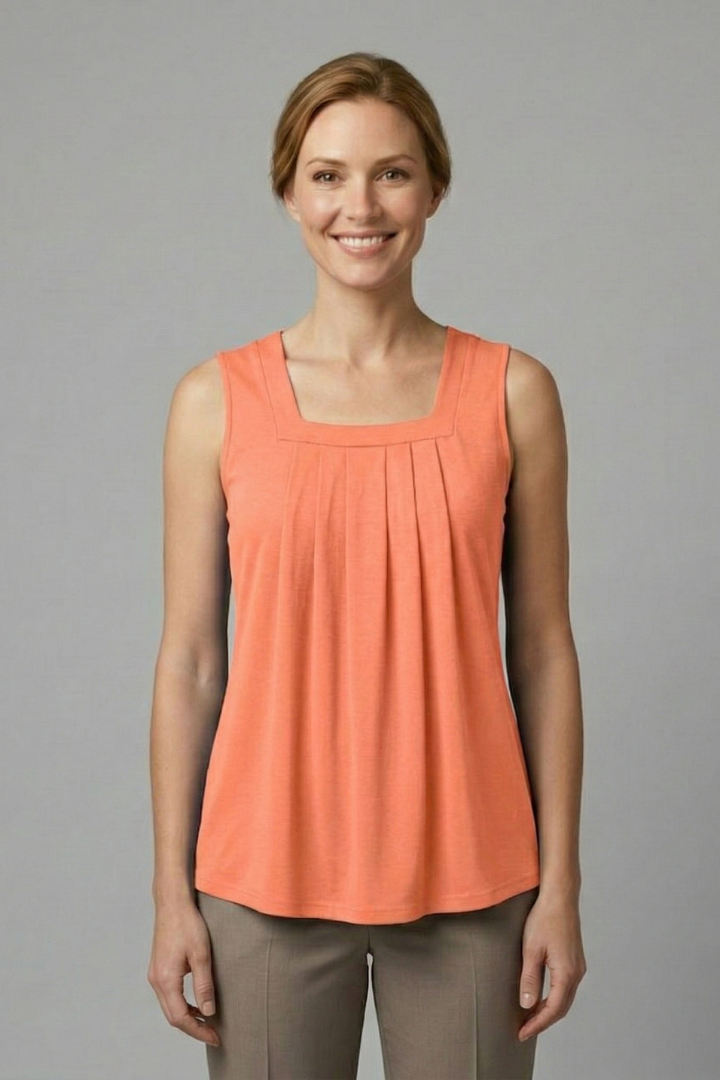 Women’s sleeveless top with round neckline and front pleats, designed for casual wear and summer outfits
