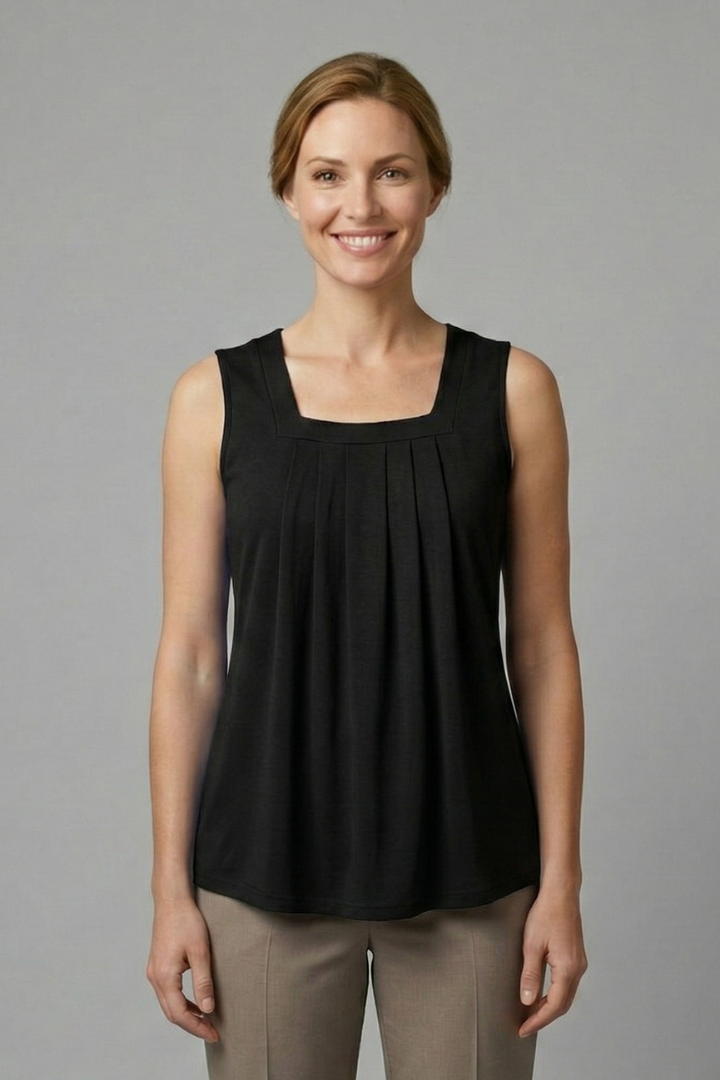 Women’s sleeveless top with round neckline and front pleats, designed for casual wear and summer outfits