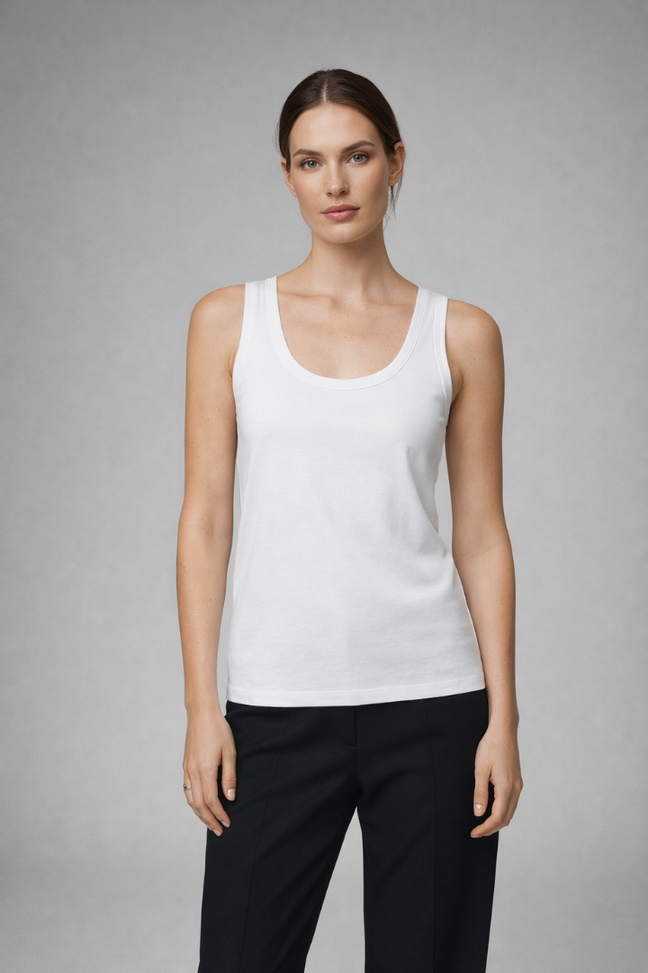 Women’s tank top with round neckline and wide shoulder straps, designed for casual wear and summer outfits