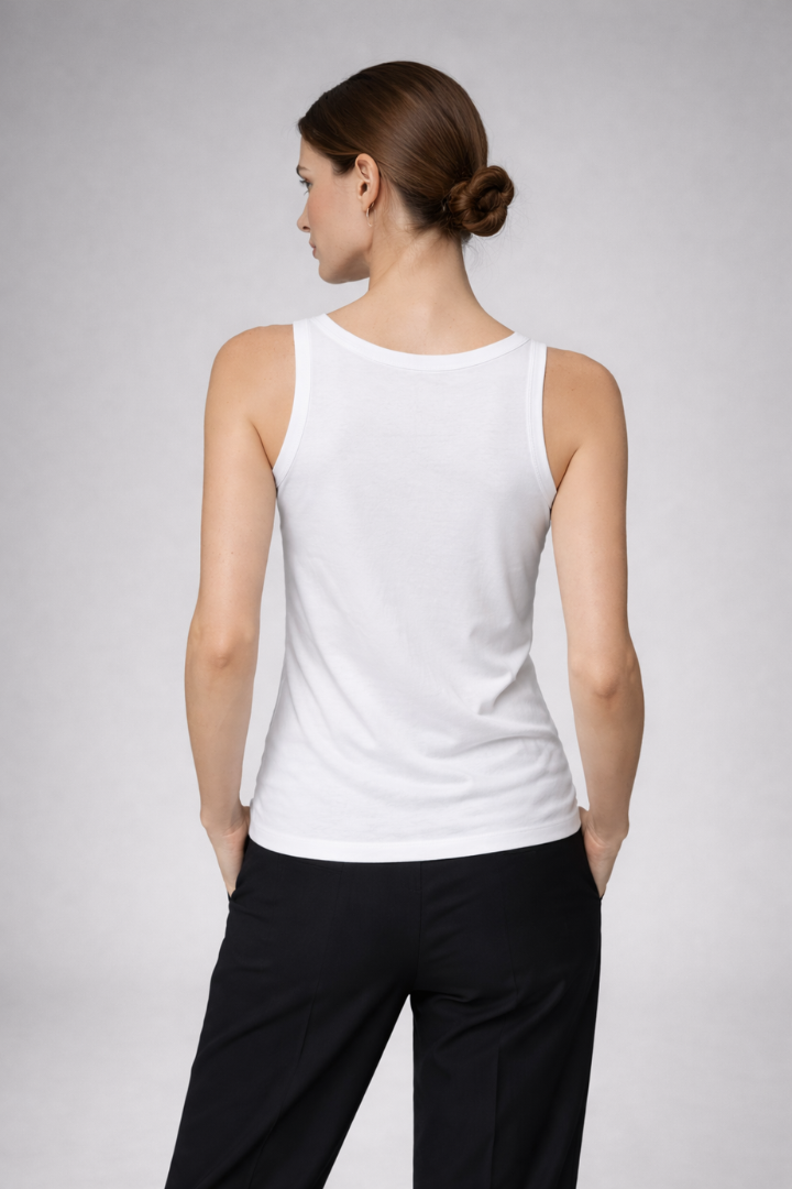 Women’s tank top with round neckline and wide shoulder straps, designed for casual wear and summer outfits