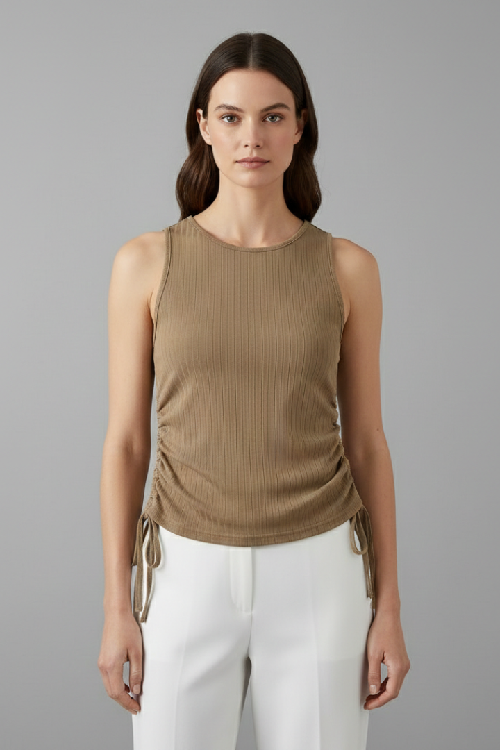 Women’s sleeveless top with round neckline, side ruching, drawstring hem, and ribbed texture, suitable for casual wear and summer outfits.