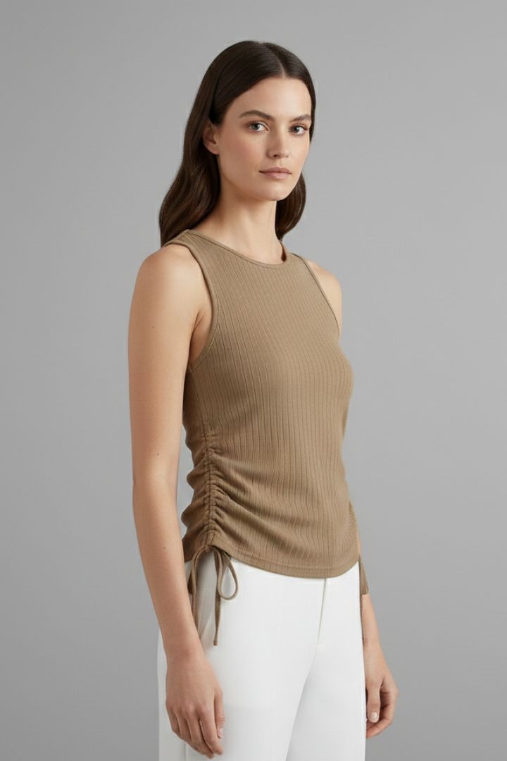 Women’s sleeveless top with round neckline, side ruching, drawstring hem, and ribbed texture, suitable for casual wear and summer outfits.