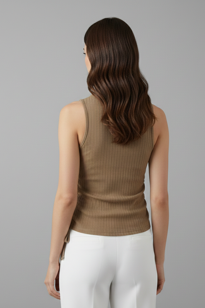 Women’s sleeveless top with round neckline, side ruching, drawstring hem, and ribbed texture, suitable for casual wear and summer outfits.