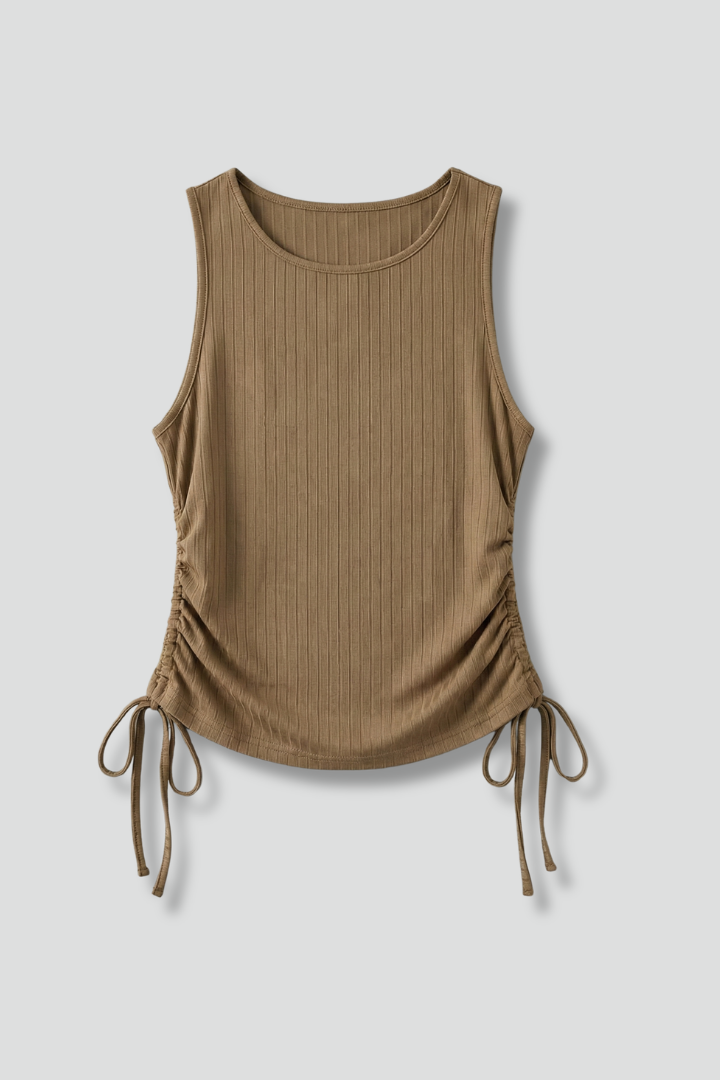 Women’s sleeveless top with round neckline, side ruching, drawstring hem, and ribbed texture, suitable for casual wear and summer outfits.