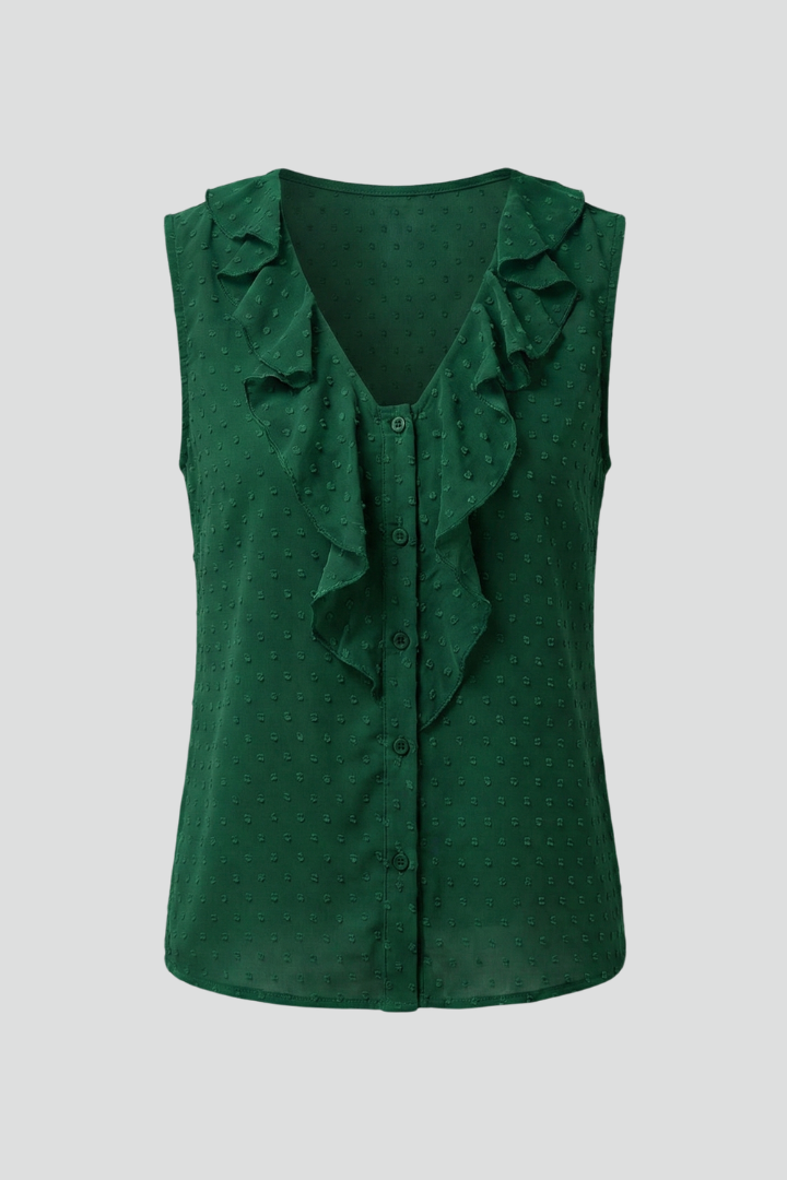 Women’s sleeveless blouse with V-neckline, ruffle trim, button detail, and textured surface, suitable for office wear and casual outfits.