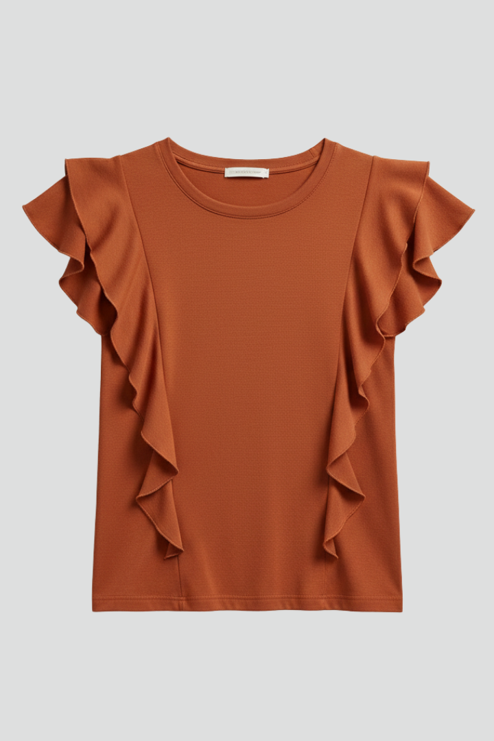 Women’s T-shirt with round neckline and ruffle sleeve detailing, suitable for everyday wear and casual outfits.