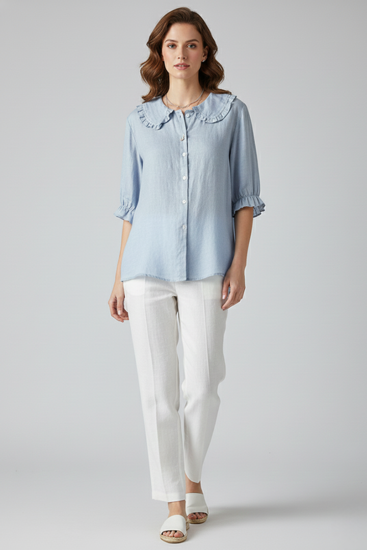 Women’s shirt with ruffled collar, button-front closure, and relaxed fit, suitable for office casual wear, summer outings, and everyday styling.