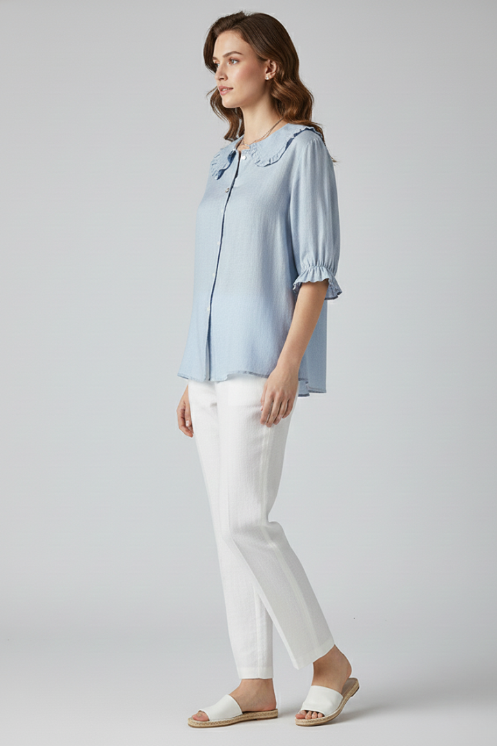 Women’s shirt with ruffled collar, button-front closure, and relaxed fit, suitable for office casual wear, summer outings, and everyday styling.