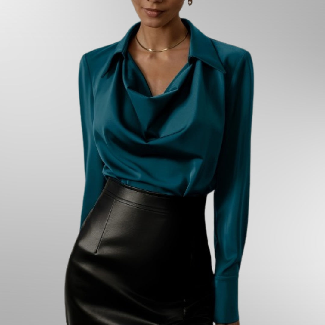Women’s satin blouse with draped neckline and loose fit, ideal for office wear, dinners, and elegant evening styling.