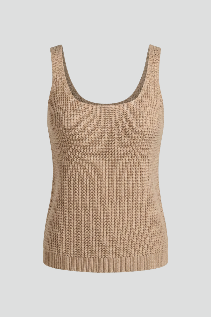 Women’s sleeveless knit tank top with scoop neckline, fitted shape, and ribbed texture, suitable for casual wear and layering.
