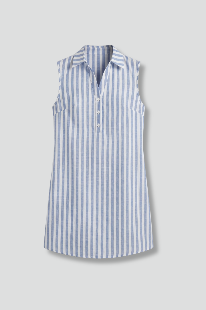 Women’s sleeveless shirt dress with collar neckline, button front, and striped design, ideal for casual summer outfits and office styling.