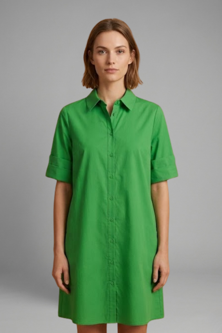 Women’s shirt dress with collared neckline, button-down closure, 3/4 sleeves, and A-line silhouette for everyday styling.