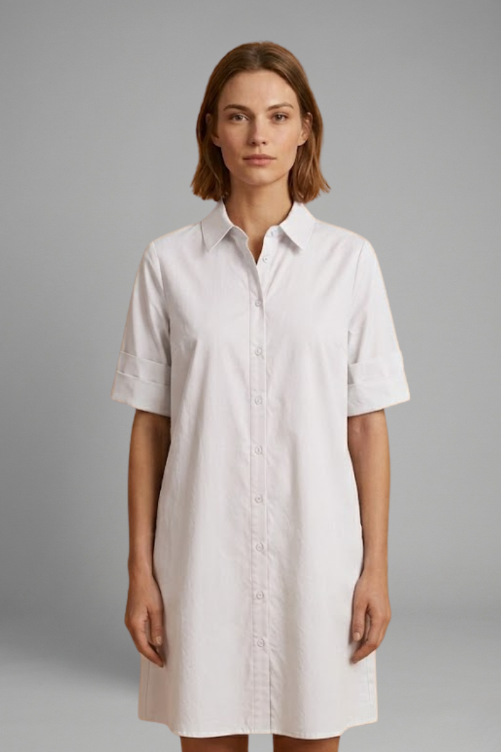 Women’s shirt dress with collared neckline, button-down closure, 3/4 sleeves, and A-line silhouette for everyday styling.