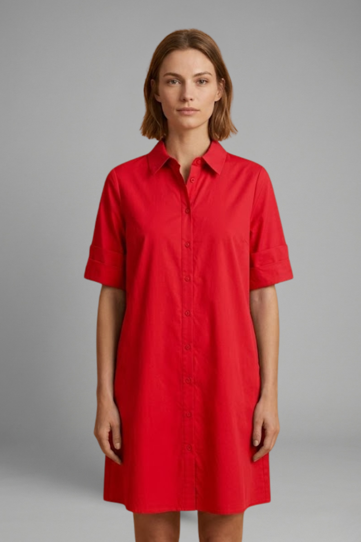 Women’s shirt dress with collared neckline, button-down closure, 3/4 sleeves, and A-line silhouette for everyday styling.