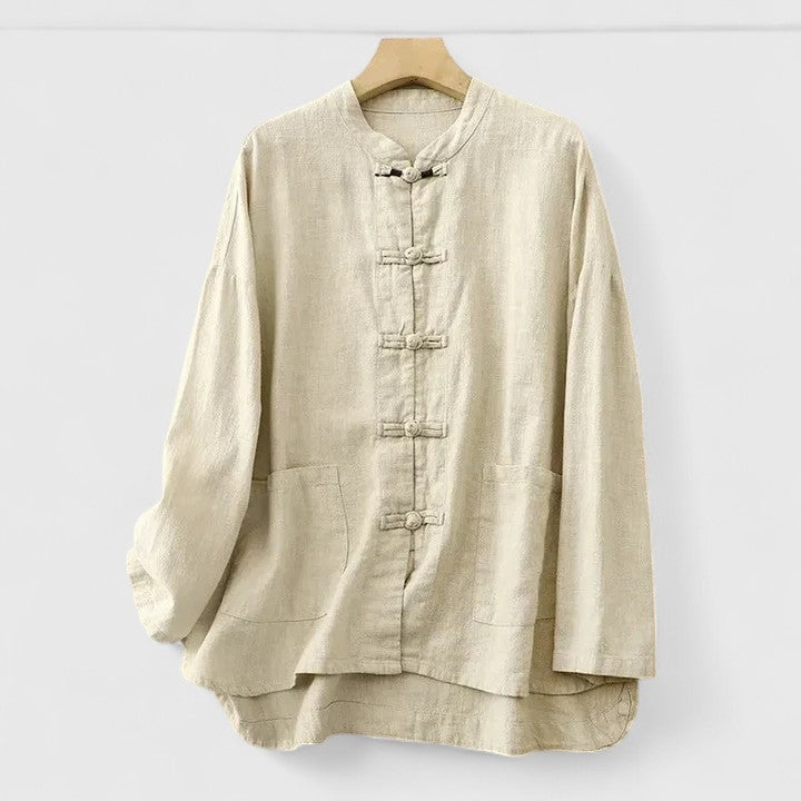 Women’s shirt with knot closures, patch pockets, and a relaxed fit, ideal for casual outings, warm-weather wear, and everyday styling.