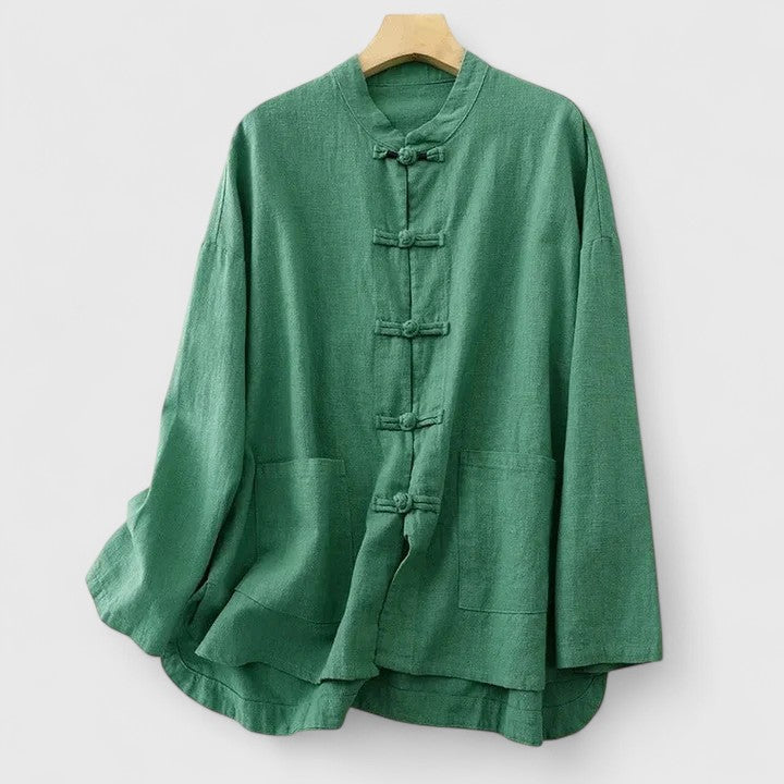 Women’s shirt with knot closures, patch pockets, and a relaxed fit, ideal for casual outings, warm-weather wear, and everyday styling.