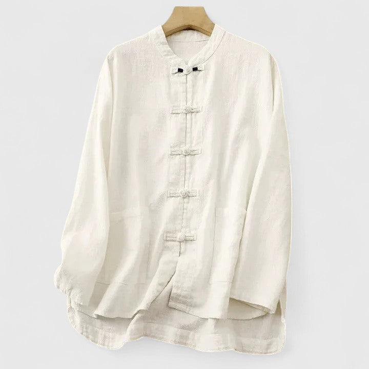 Women’s shirt with knot closures, patch pockets, and a relaxed fit, ideal for casual outings, warm-weather wear, and everyday styling.