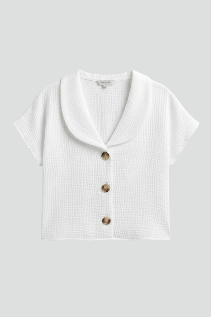 Women’s short sleeve blouse with wide collar and button front, featuring a textured surface for everyday and work outfits