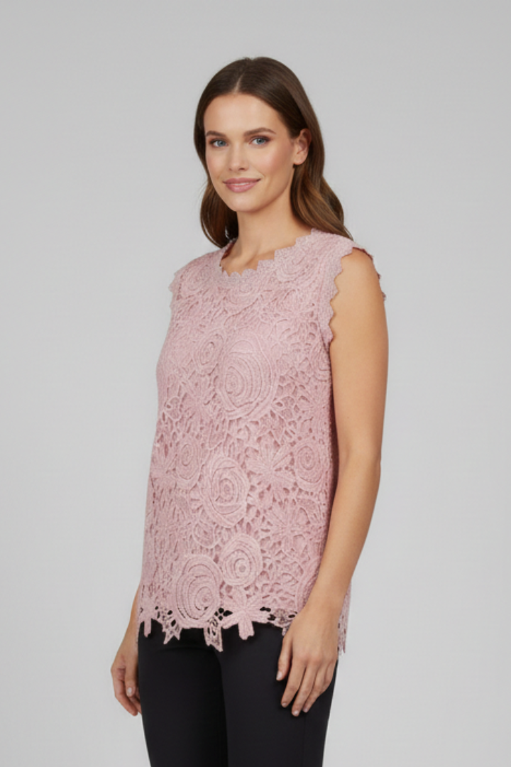 Women’s sleeveless blouse with V-neckline and textured lace-style surface, suitable for summer wear and everyday styling.
