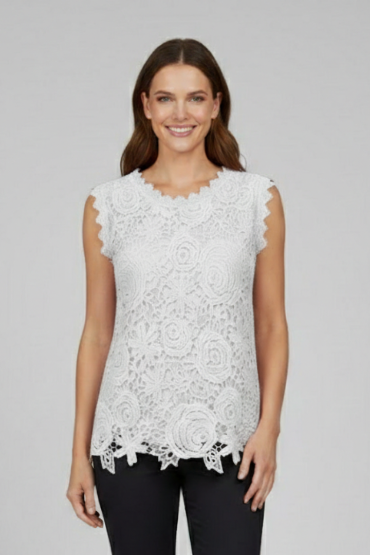 Women’s sleeveless blouse with V-neckline and textured lace-style surface, suitable for summer wear and everyday styling.