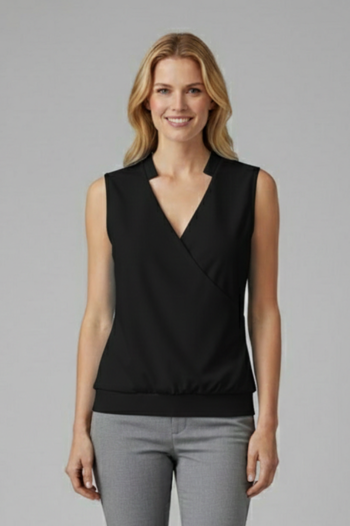 Women’s sleeveless blouse with wrap-style V neckline and crossover front design, suitable for office wear and everyday styling.