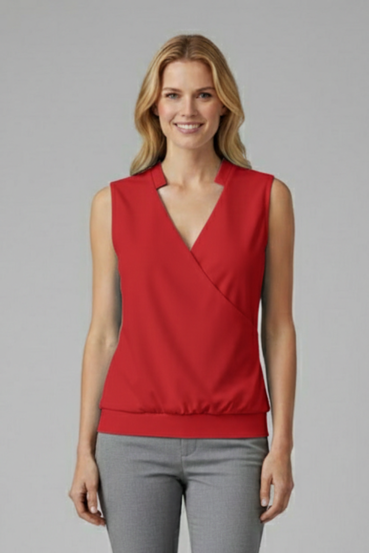 Women’s sleeveless blouse with wrap-style V neckline and crossover front design, suitable for office wear and everyday styling.