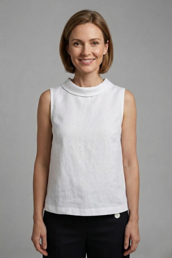 Women’s sleeveless top with roll neck and straight hem, ideal for casual outfits and smart everyday styling.