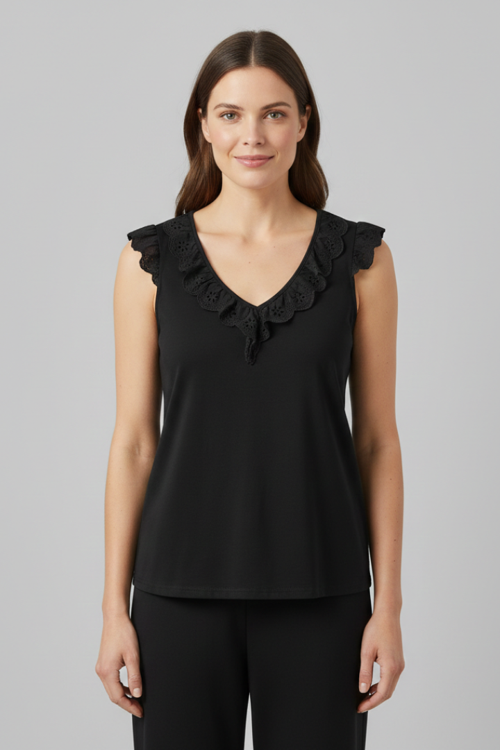 Women’s sleeveless top with V-neckline lace trim and ruffle shoulders, featuring a plain design ideal for casual wear or office outfits.