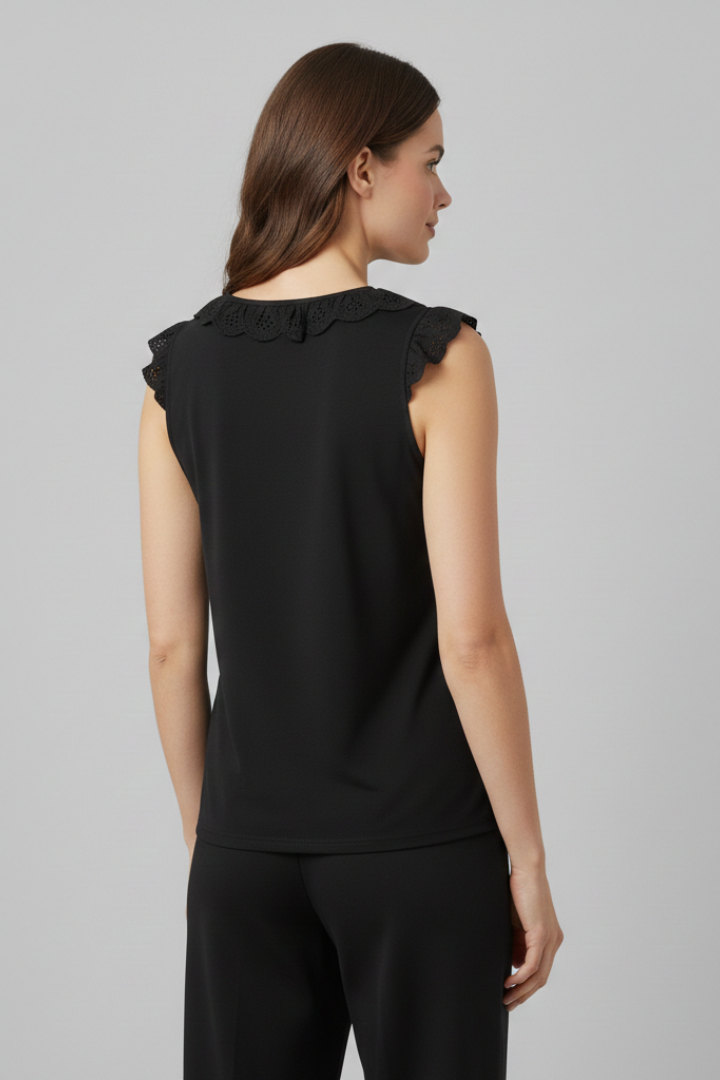 Women’s sleeveless top with V-neckline lace trim and ruffle shoulders, featuring a plain design ideal for casual wear or office outfits.
