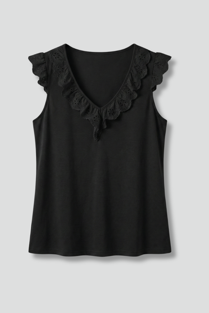 Women’s sleeveless top with V-neckline lace trim and ruffle shoulders, featuring a plain design ideal for casual wear or office outfits.