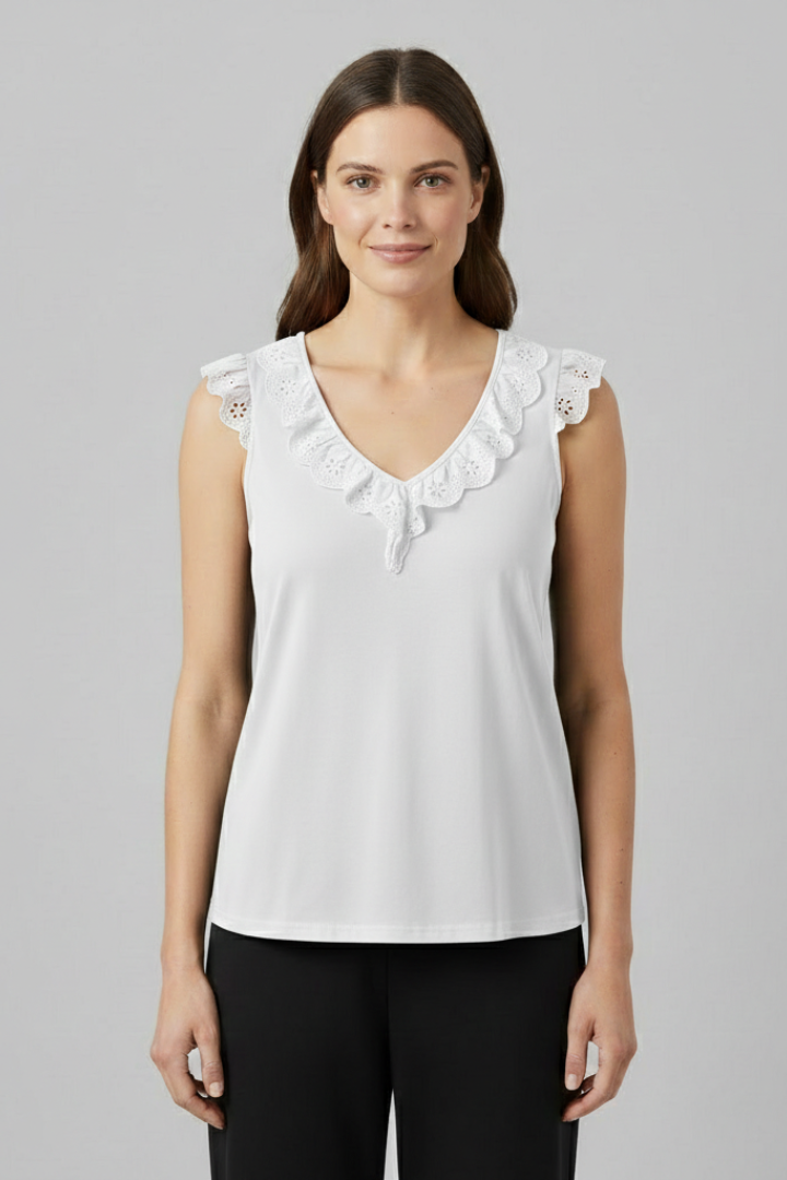 Women’s sleeveless top with V-neckline lace trim and ruffle shoulders, featuring a plain design ideal for casual wear or office outfits.